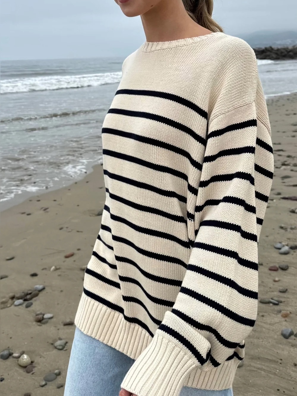 Brandy Melville Striped Crewneck Sweater - Cream and Black